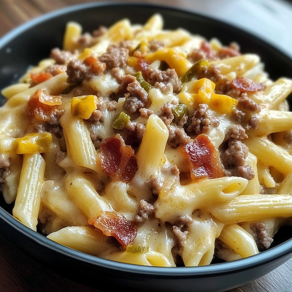 Recipe preparation for Loaded Bacon Cheeseburger Pasta