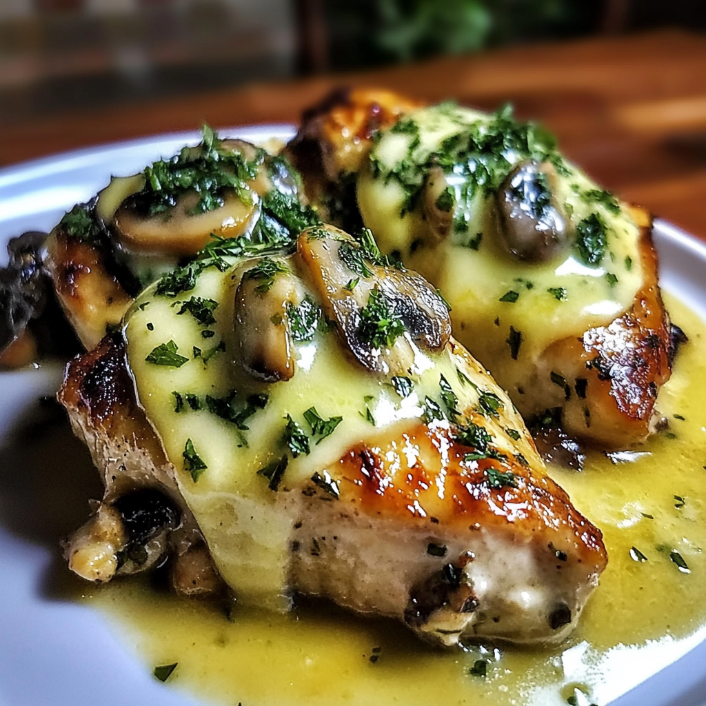 Recipe preparation for Cheesy Garlic Butter Mushroom Stuffed Chicken