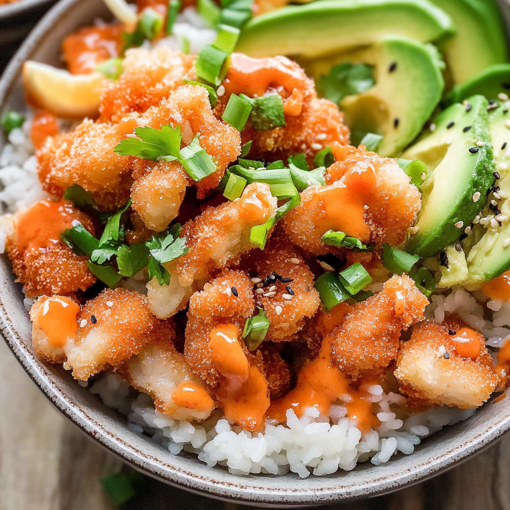 Recipe preparation for Bang Bang Shrimp Rice Bowl