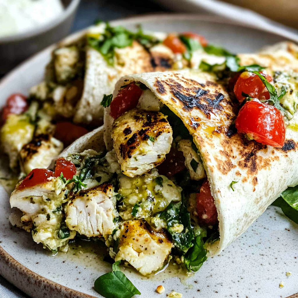Recipe preparation for Bruschetta Chicken Pesto Wraps