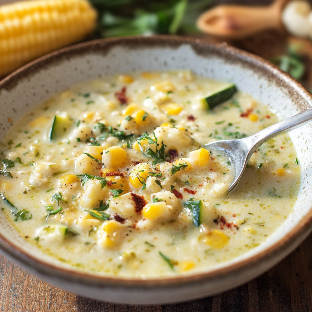 Recipe preparation for Summer Fresh Corn and Zucchini Chowder