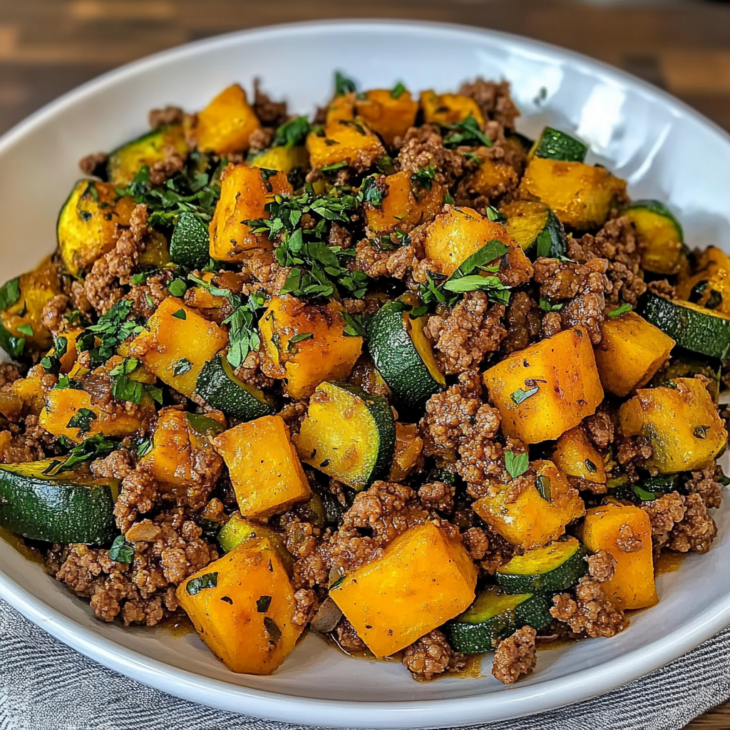 Recipe preparation for Ground Beef Zucchini Sweet Potato Skillet