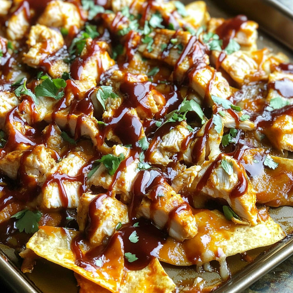 Recipe preparation for Sheet Pan BBQ Chicken Nachos