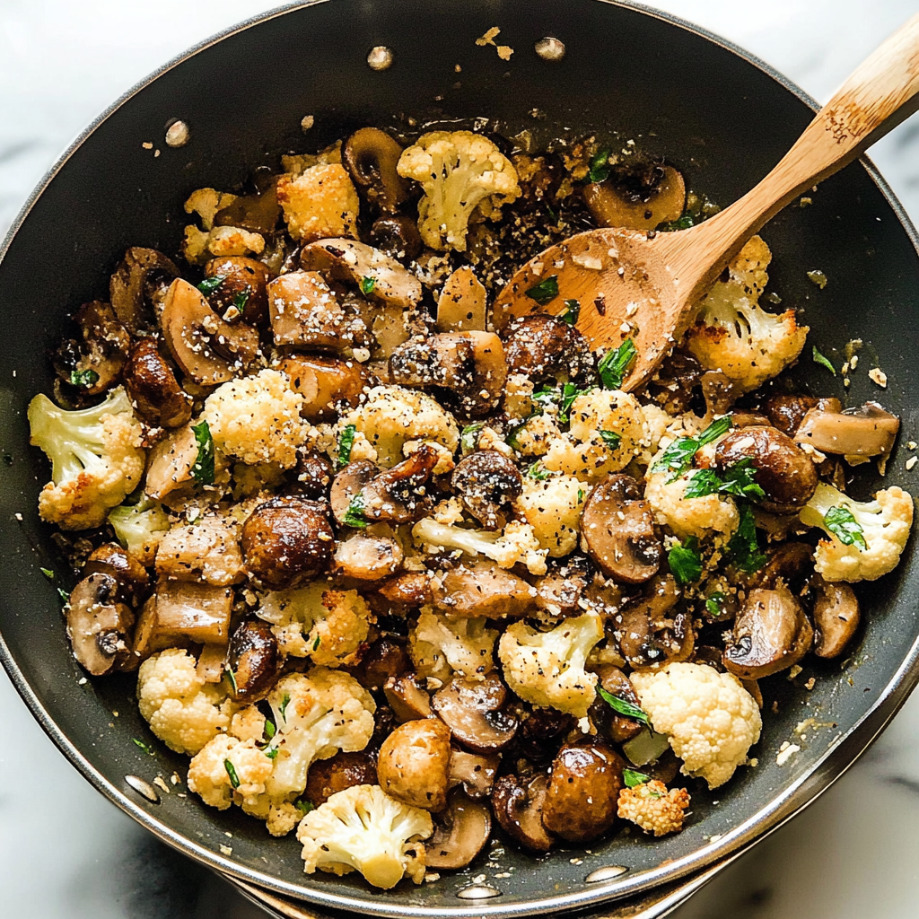 Recipe preparation for Garlic Mushrooms Cauliflower Skillet