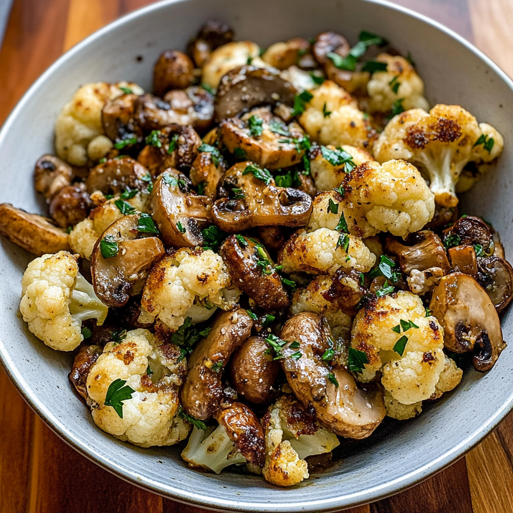 Recipe preparation for Garlicy Roasted Cauliflower & Mushrooms