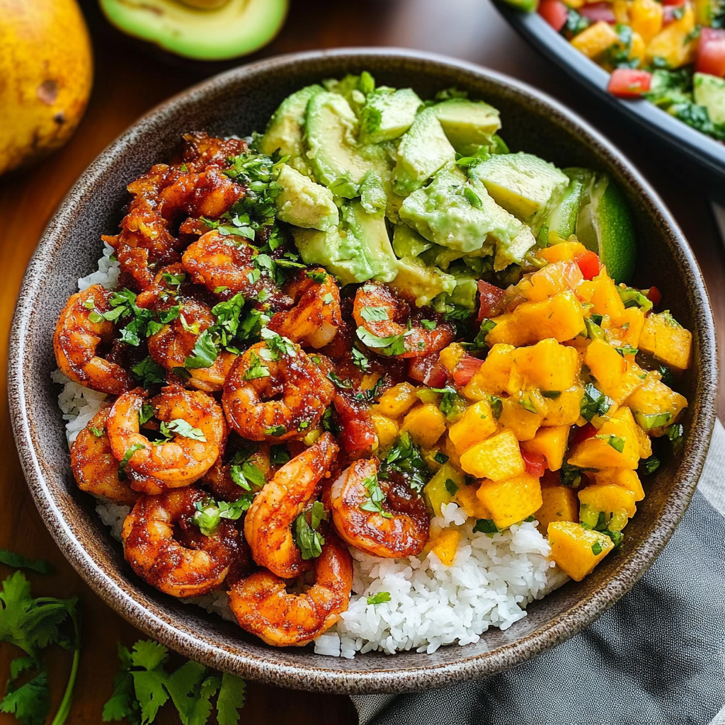 Recipe preparation for Shrimp Avocado Bowl with Mango Salsa