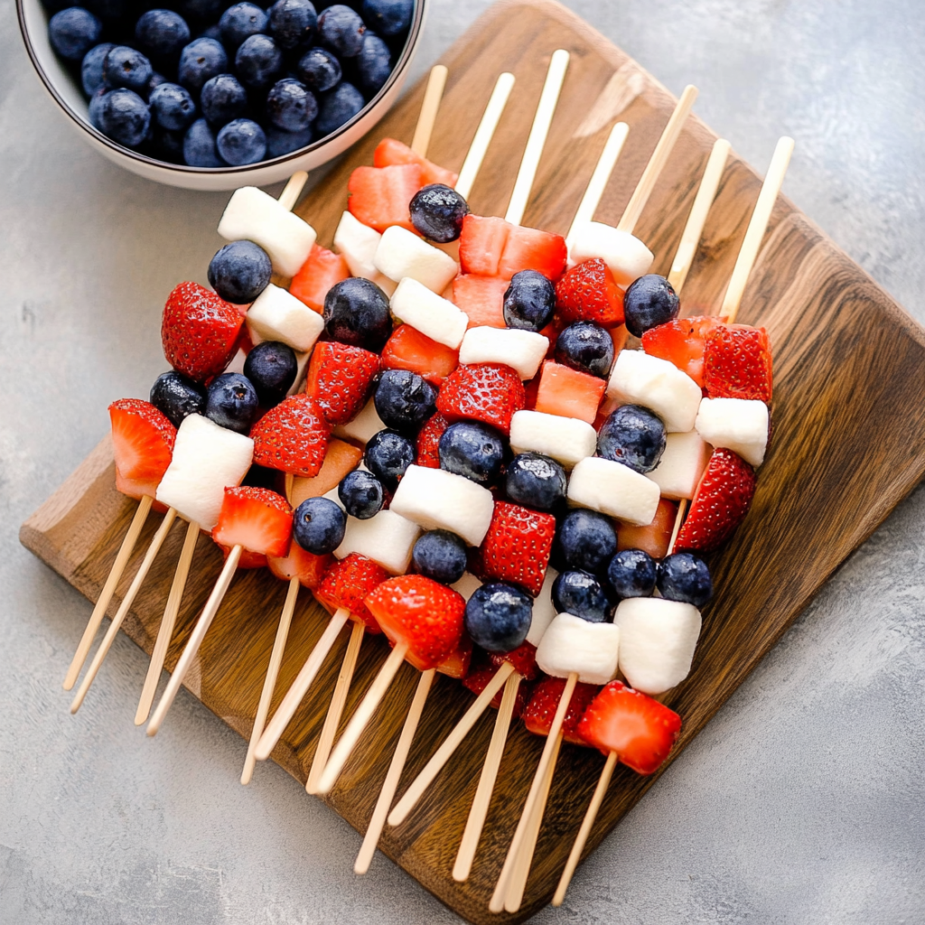 Recipe preparation for Red, White and Blue Fruit Kabobs