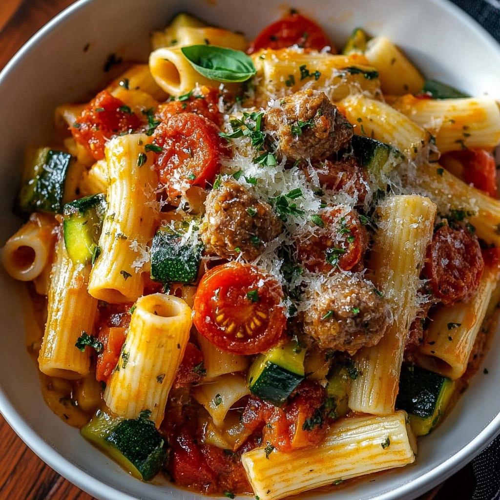 Recipe preparation for Rigatoni with Sausage, Tomatoes, and Zucchini