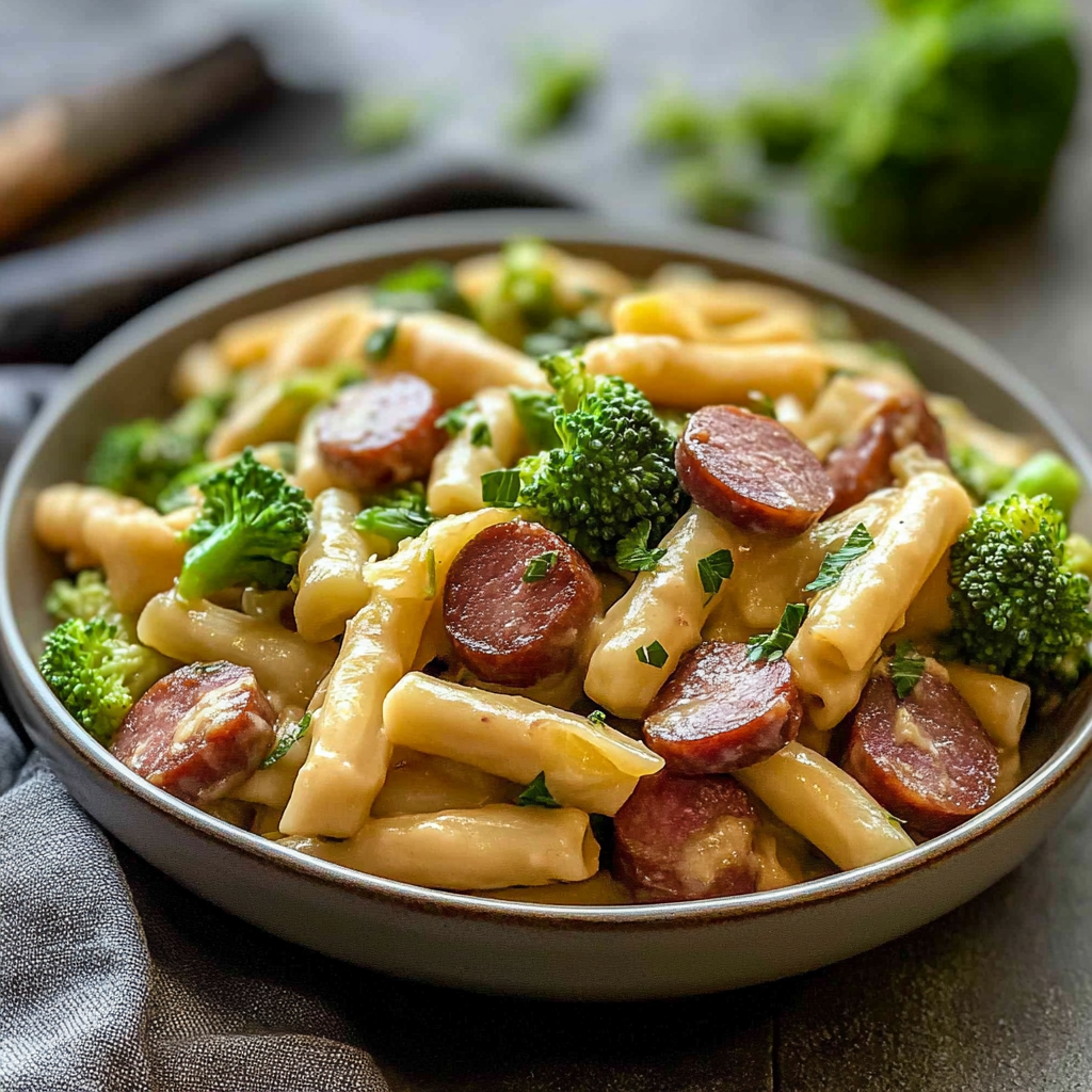 Recipe preparation for Creamy Kielbasa and Broccoli Skillet