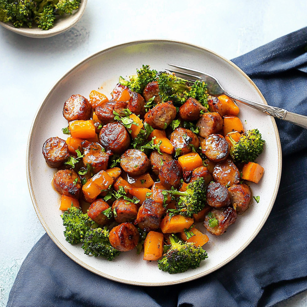 Recipe preparation for Sheet Pan Sausage and Sweet Potatoes with Honey Garlic Sauce