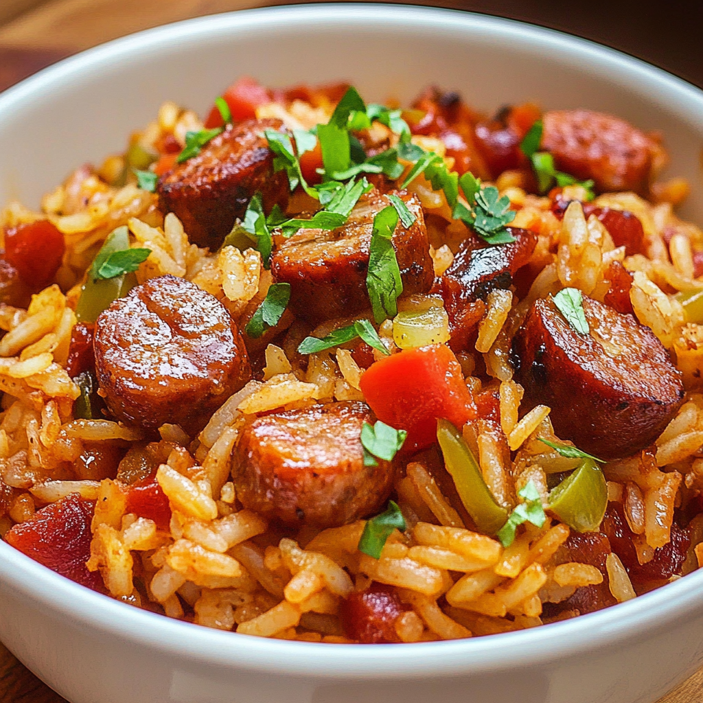 Recipe preparation for One Pot Smoked Sausage Rice