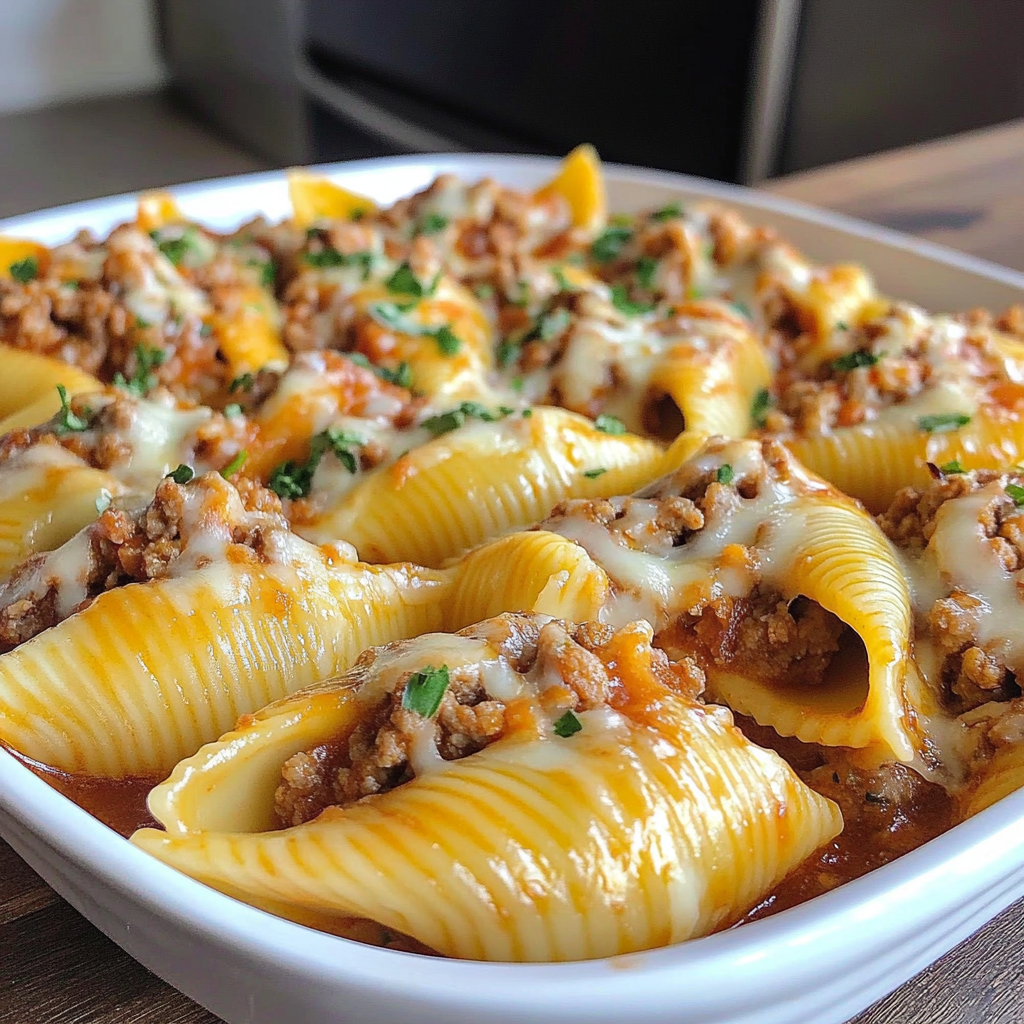 Recipe preparation for Cheesy Taco Stuffed Pasta Shells