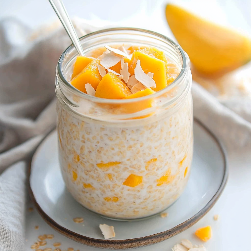 Recipe preparation for Creamy Mango Overnight Oats with Coconut Milk