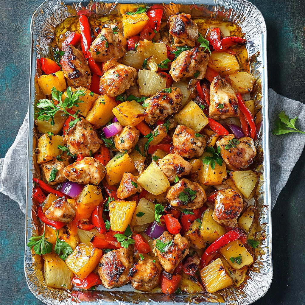 Recipe preparation for Sheet Pan Hawaiian Chicken with Pineapple and Peppers
