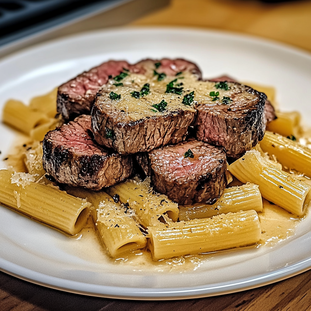 Recipe preparation for Mouthwatering Garlic Butter Steak with Cheesy Rigatoni