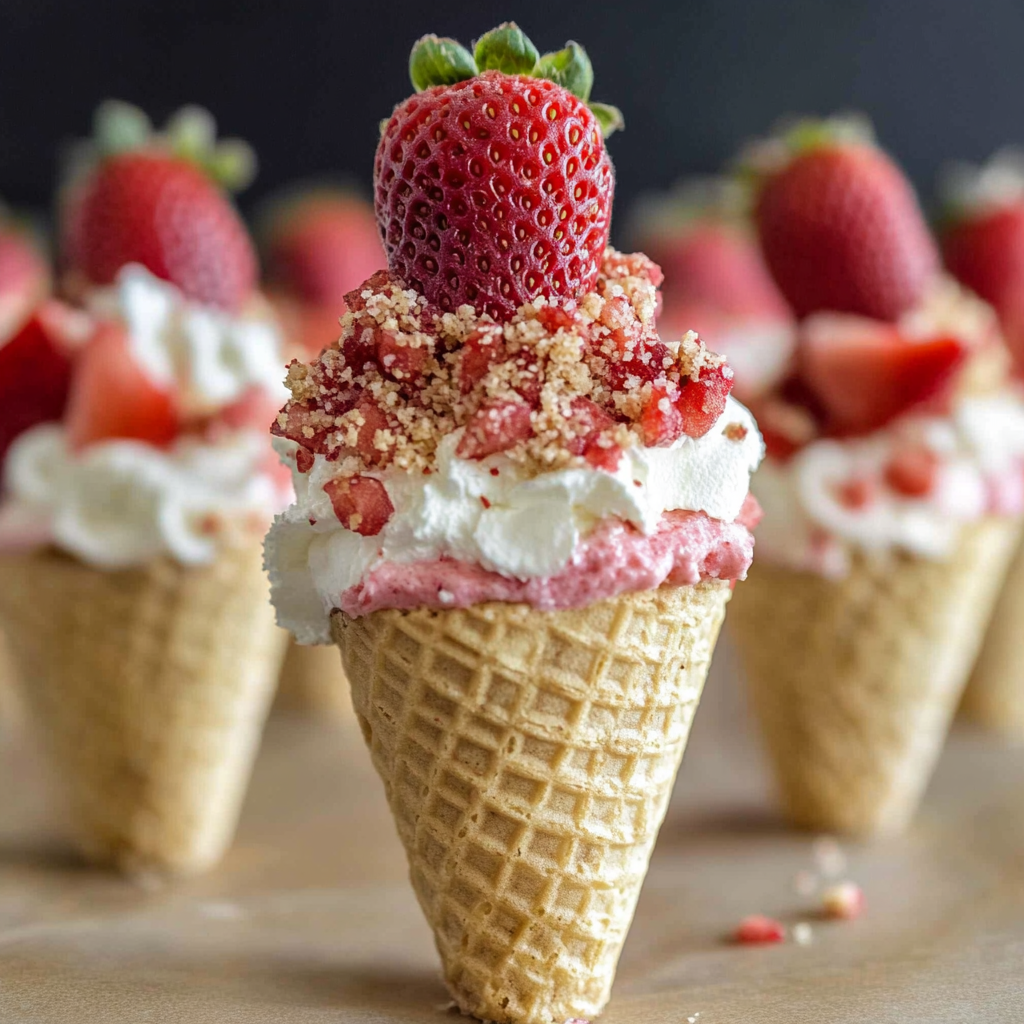 Recipe preparation for Strawberry Crunch Cheesecake Cones