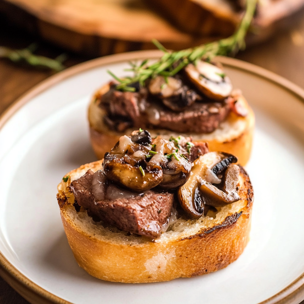 Recipe preparation for Steak and Mushroom Bruschetta