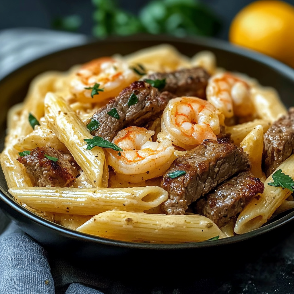 Recipe preparation for Cajun Shrimp and Steak Alfredo Pasta