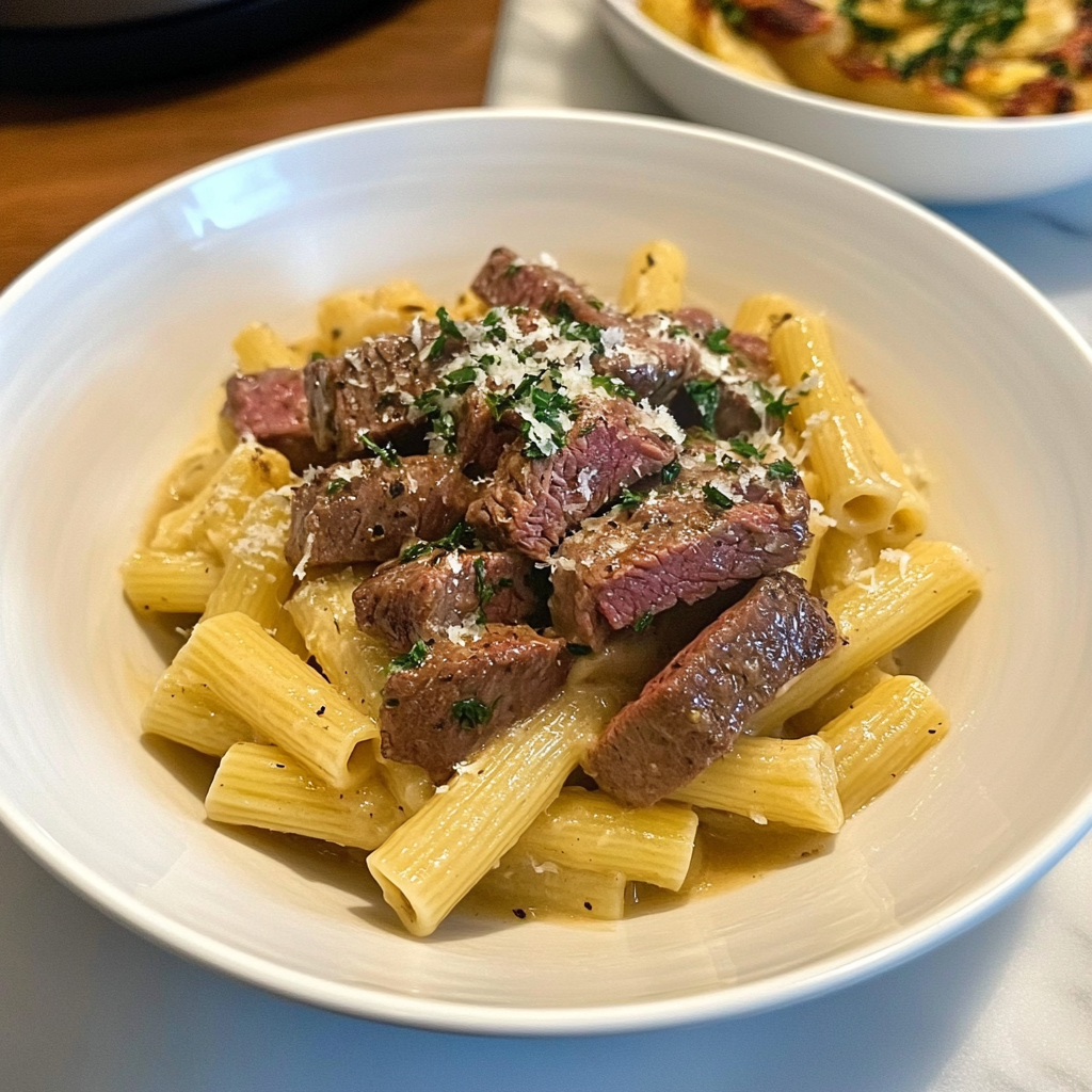 Recipe preparation for Garlic Steak Pasta