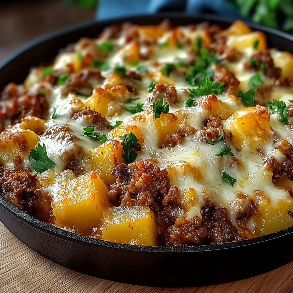 Recipe preparation for Cheesy Meat Potato Skillet