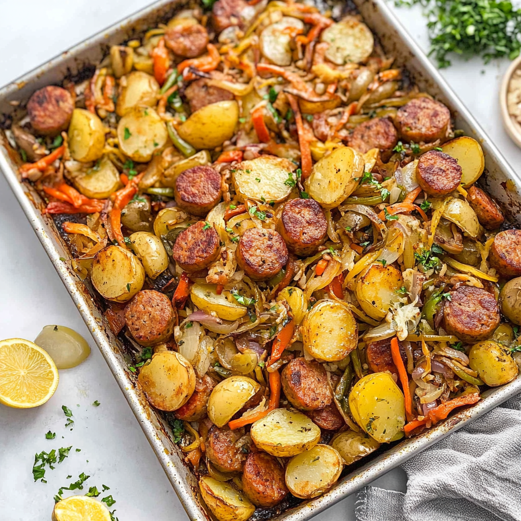 Recipe preparation for Sheet Pan Potatoes Sausage and Veggies