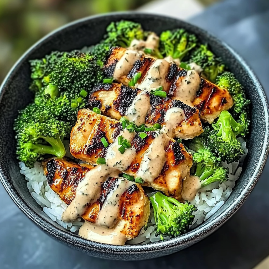 Recipe preparation for Grilled Chicken & Broccoli Bowls with Creamy Garlic Sauce