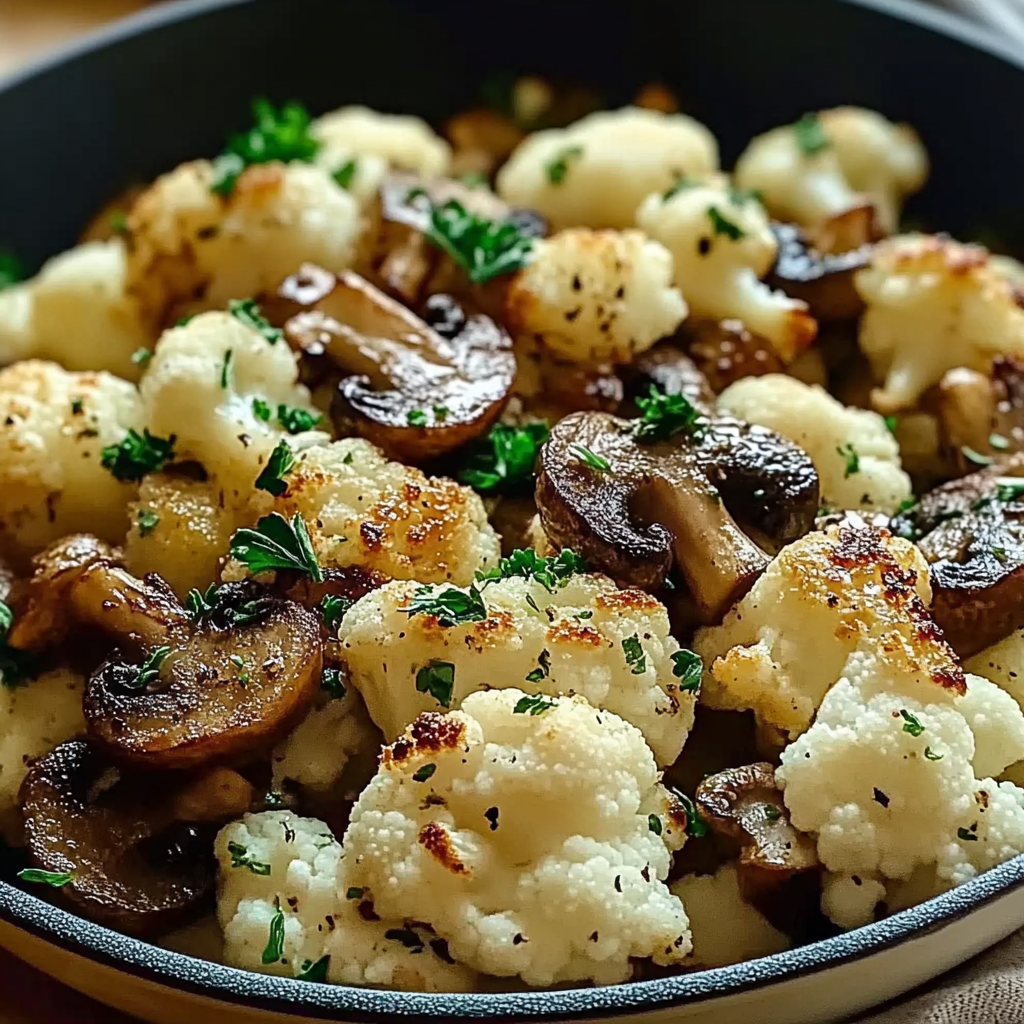Recipe preparation for Garlic Cauliflower Mushroom Skillet