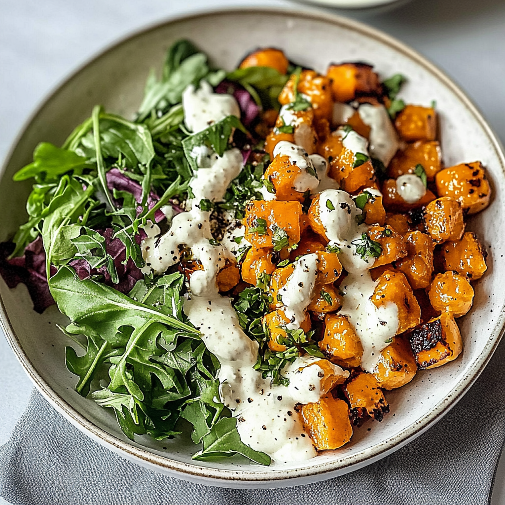 Recipe preparation for Nourish Bowl with Tahini Yogurt Dressing