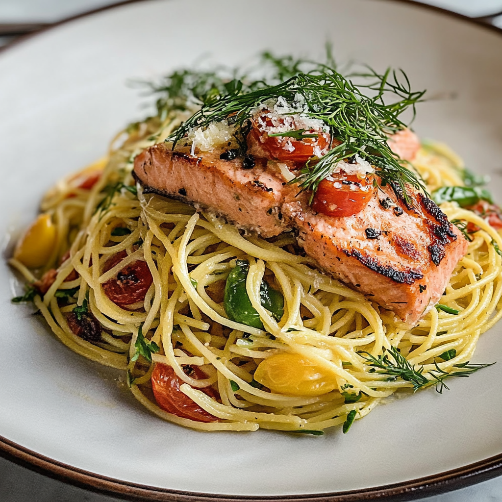 Recipe preparation for Salmon Linguine with Chilli Oil