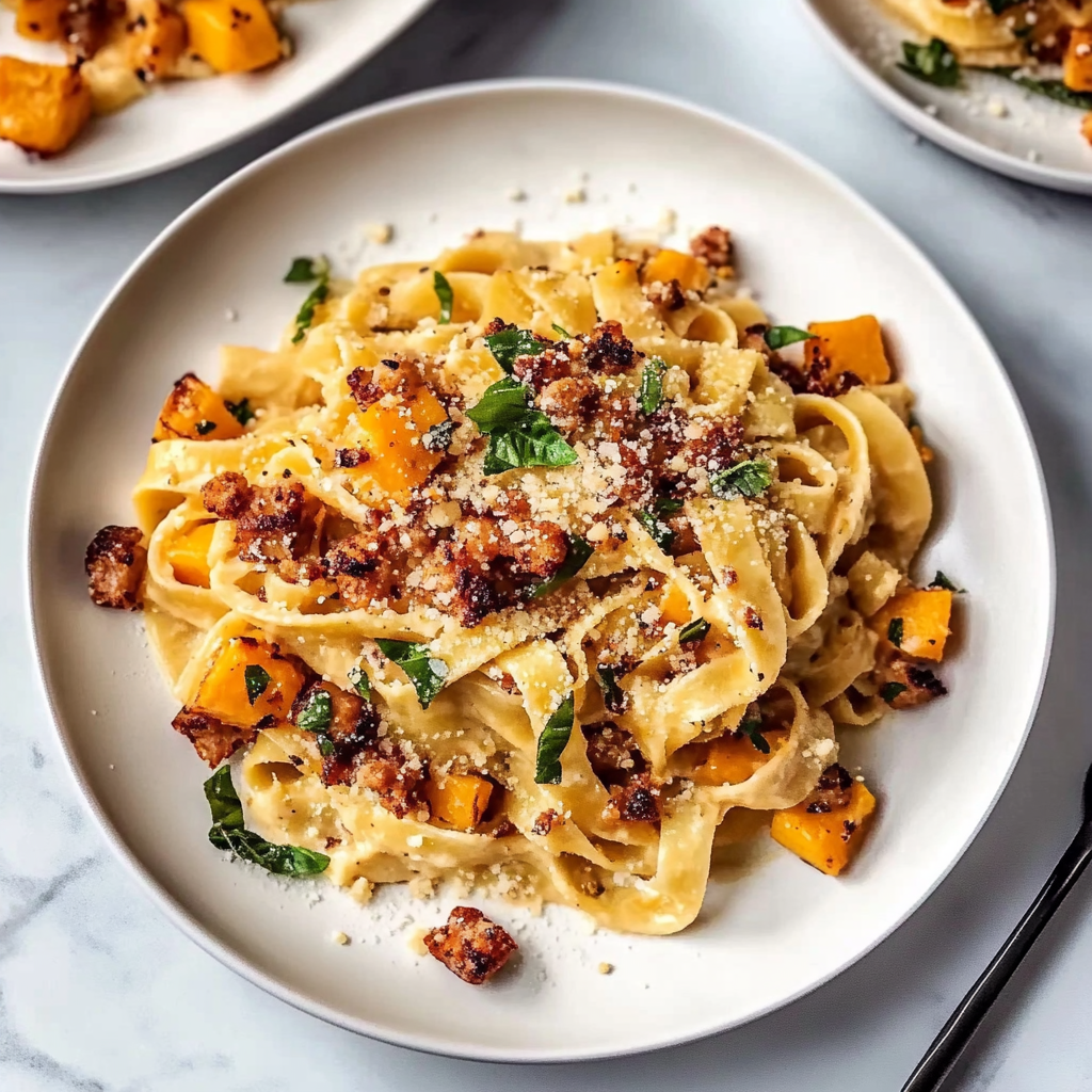 Recipe preparation for Creamy Butternut Squash Pasta with Sausage