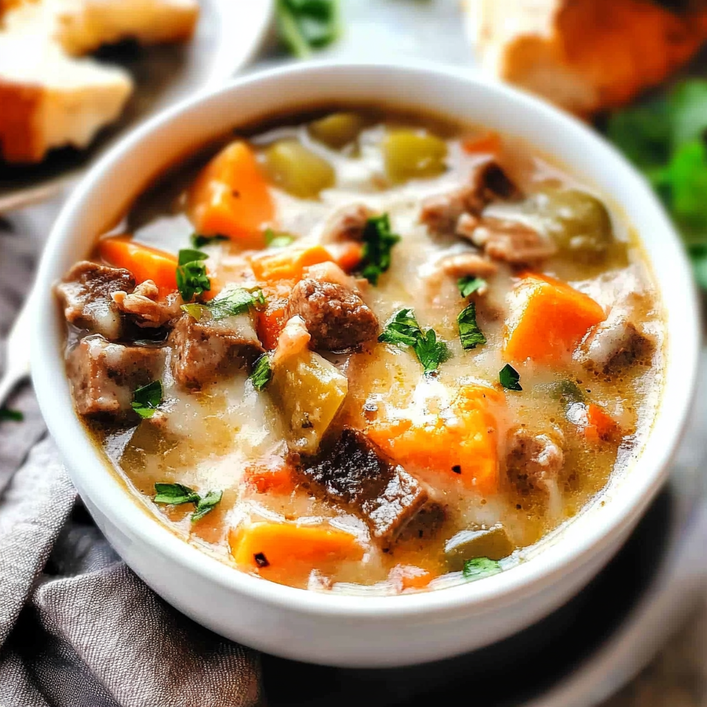 Recipe preparation for Philly Cheesesteak Soup