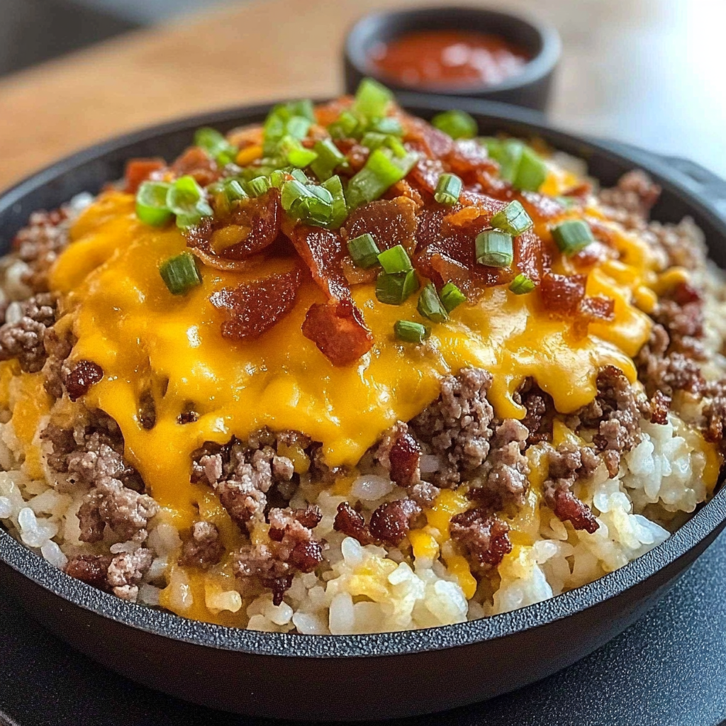 Recipe preparation for Bacon Cheeseburger Rice Skillet