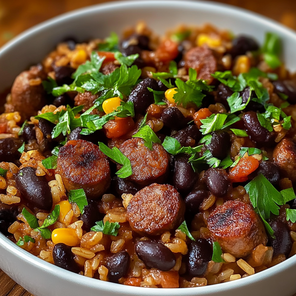 Recipe preparation for Black Beans and Rice with Sausage
