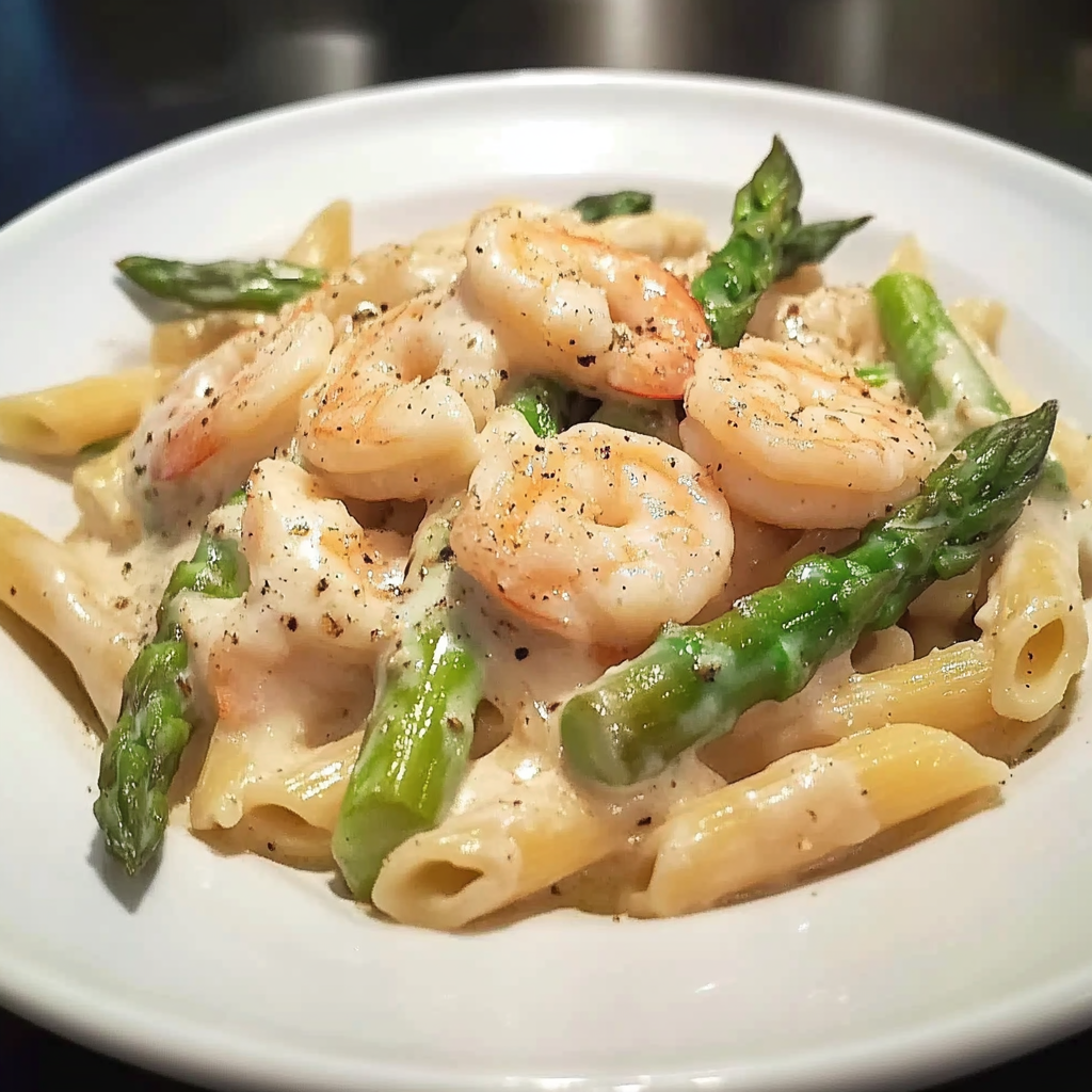 Recipe preparation for Creamy Shrimp and Asparagus Pasta