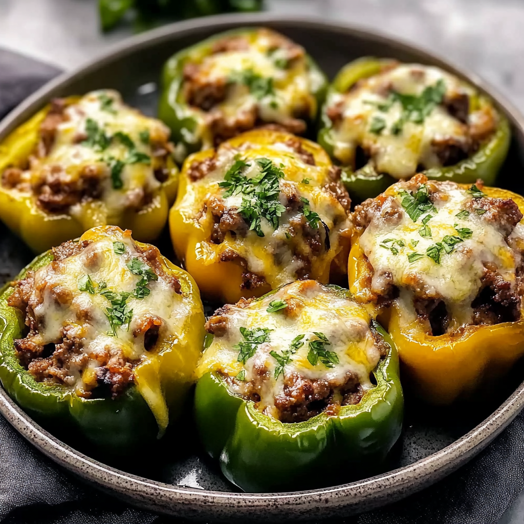 Recipe preparation for Philly Cheesesteak Stuffed Peppers