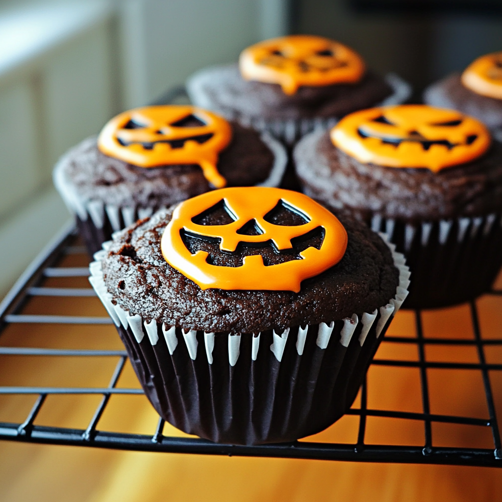 Recipe preparation for Spooky Jack-O-Lantern Cupcakes