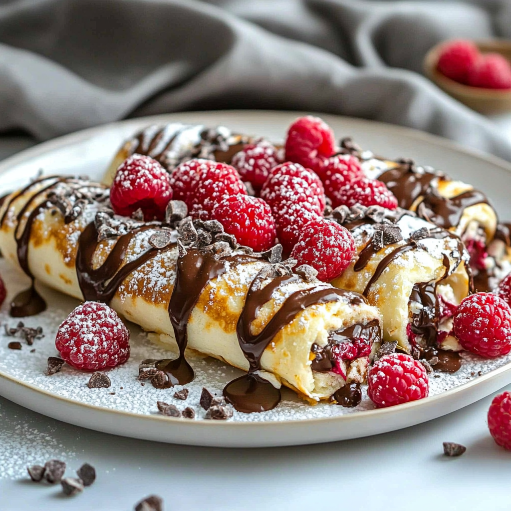 Recipe preparation for Raspberry Chocolate Cheesecake Crepe Rolls