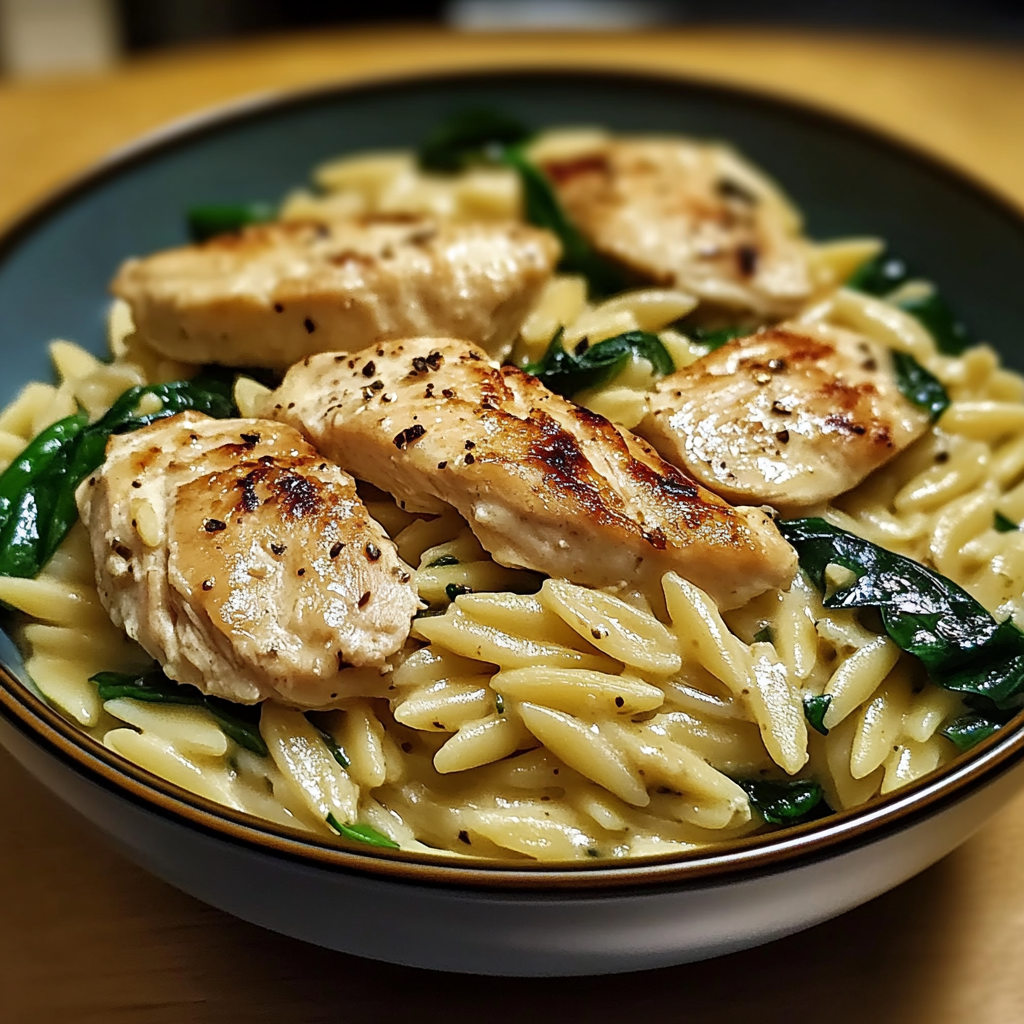 Recipe preparation for Creamy Chicken and Spinach Orzo