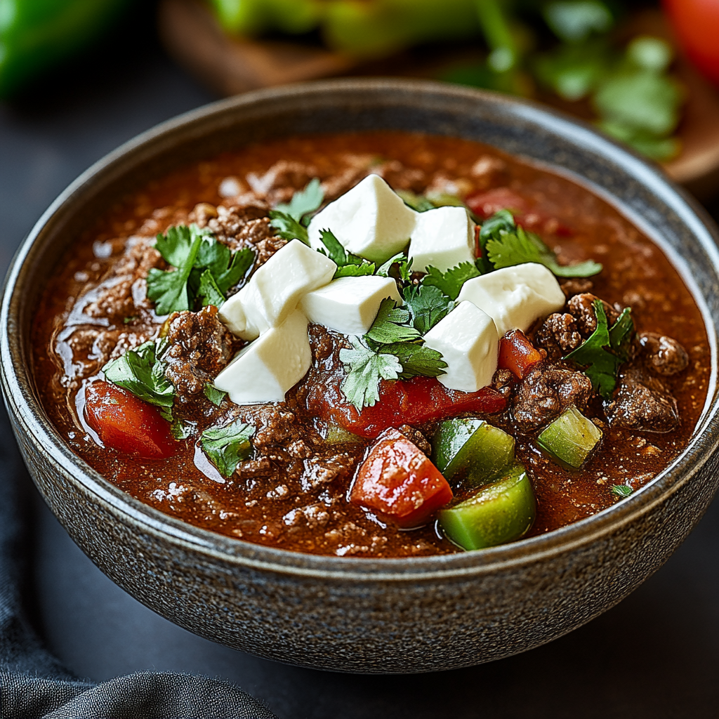 Recipe preparation for Smoky Beef and Poblano Pepper Chili