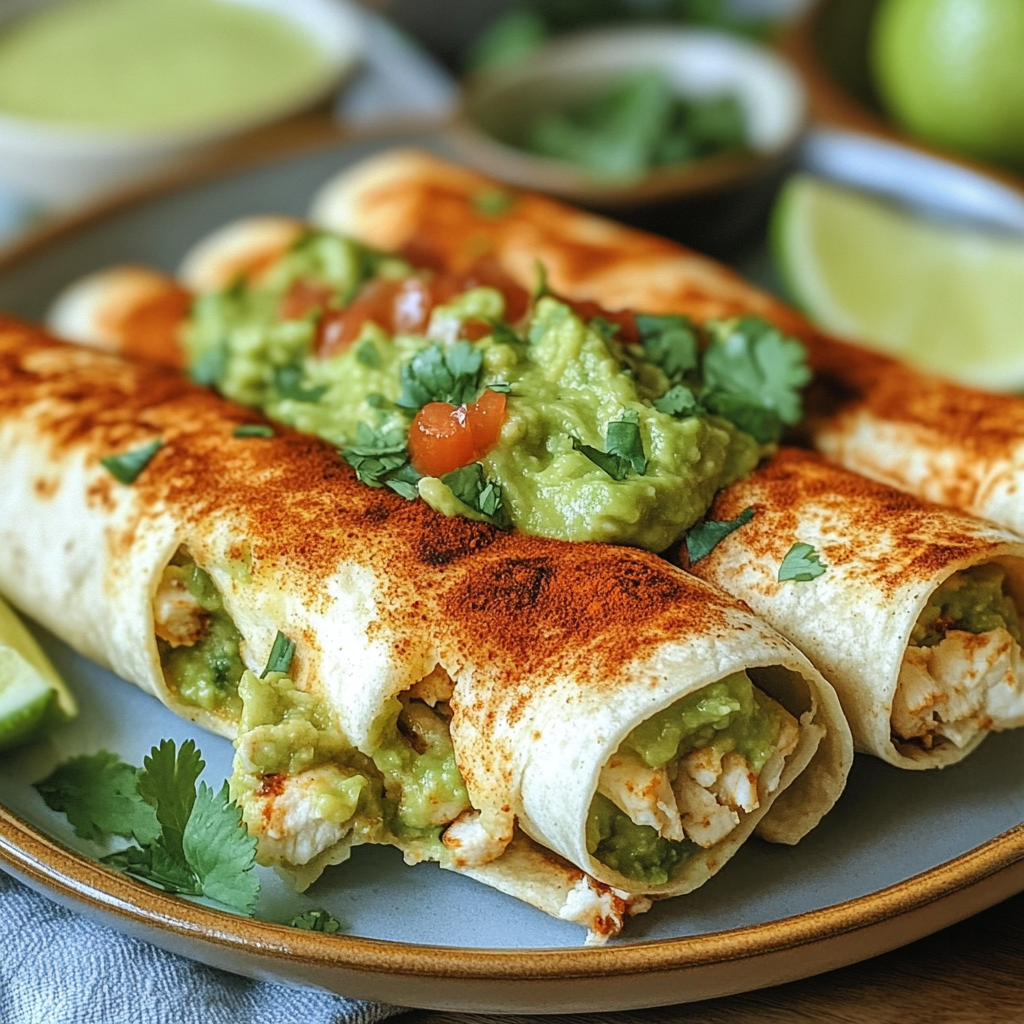 Recipe preparation for Crispy Chicken Flautas Guacamole Salsa