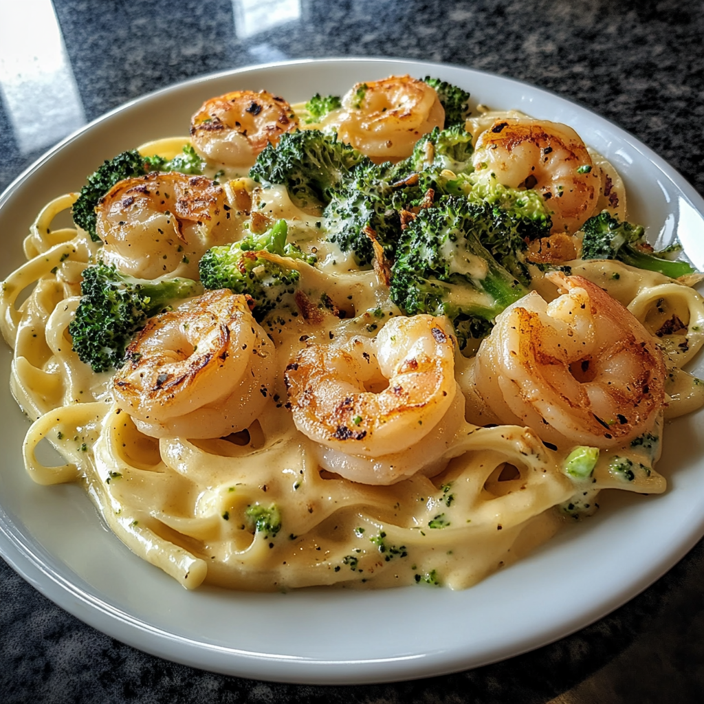 Recipe preparation for Creamy Shrimp Broccoli Alfredo