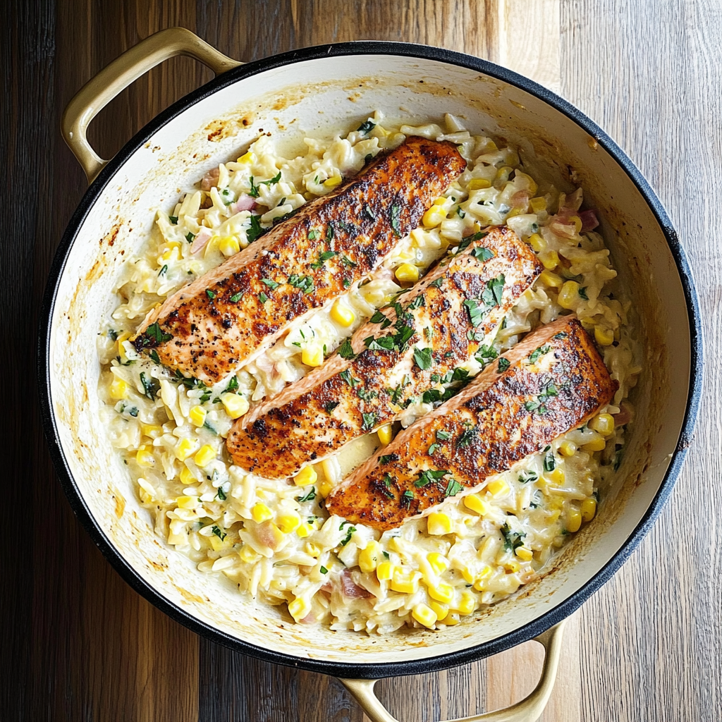 Recipe preparation for Creamed Corn Orzo with Salmon