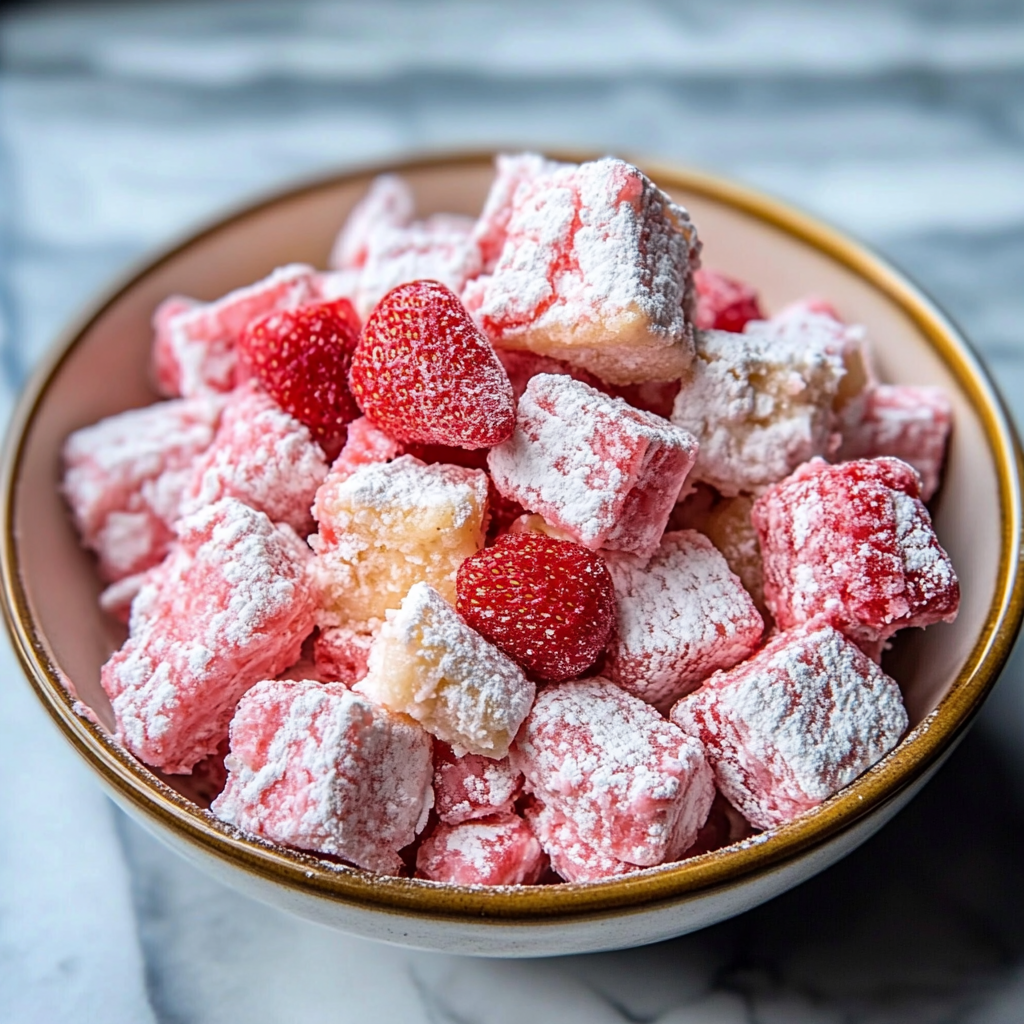 Recipe preparation for Strawberry Shortcake Puppy Chow