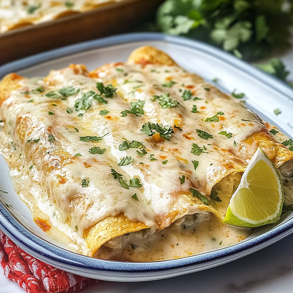 Recipe preparation for Creamy White Chicken Enchiladas
