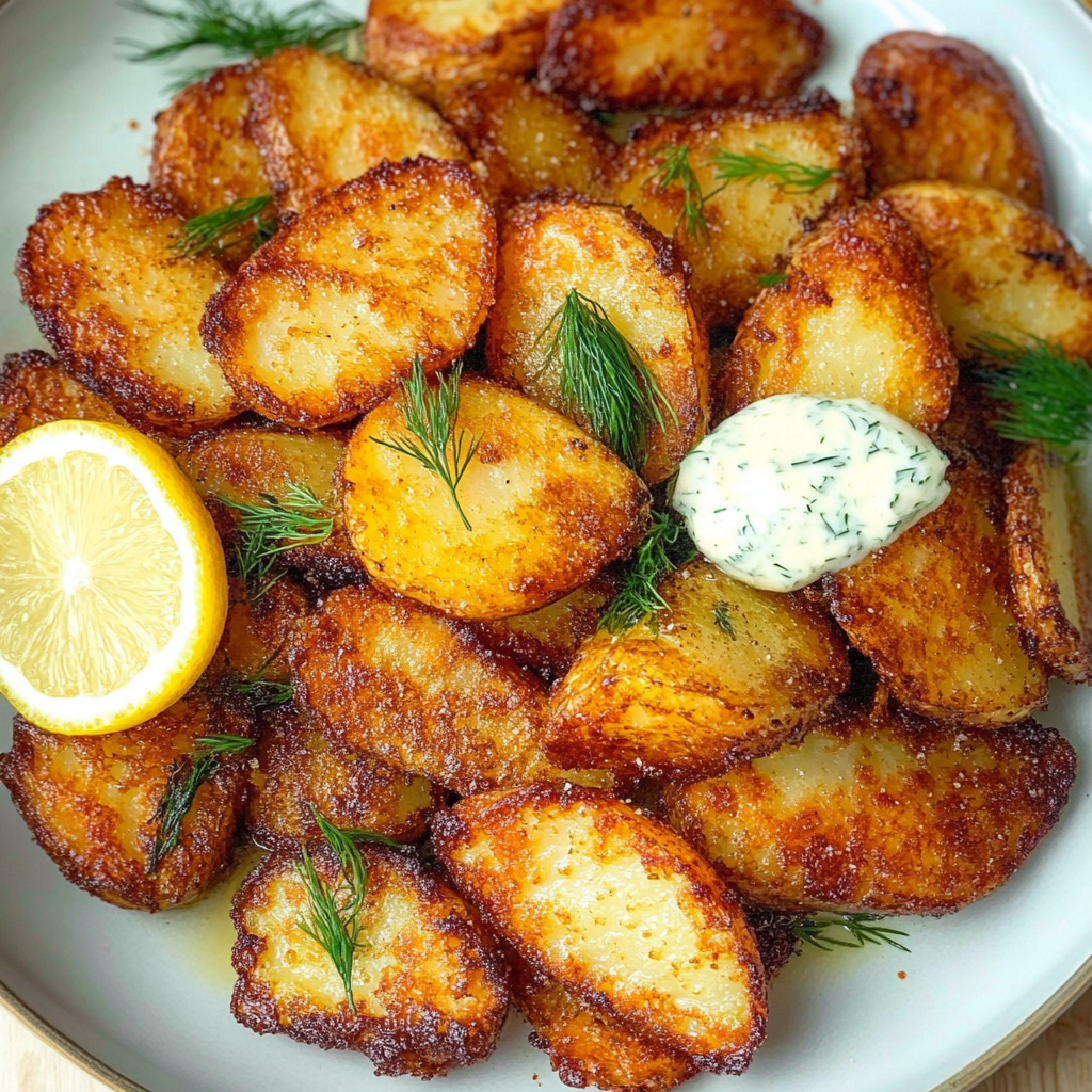 Recipe preparation for Crispy Lemon Potatoes with Dill Whipped Ricotta