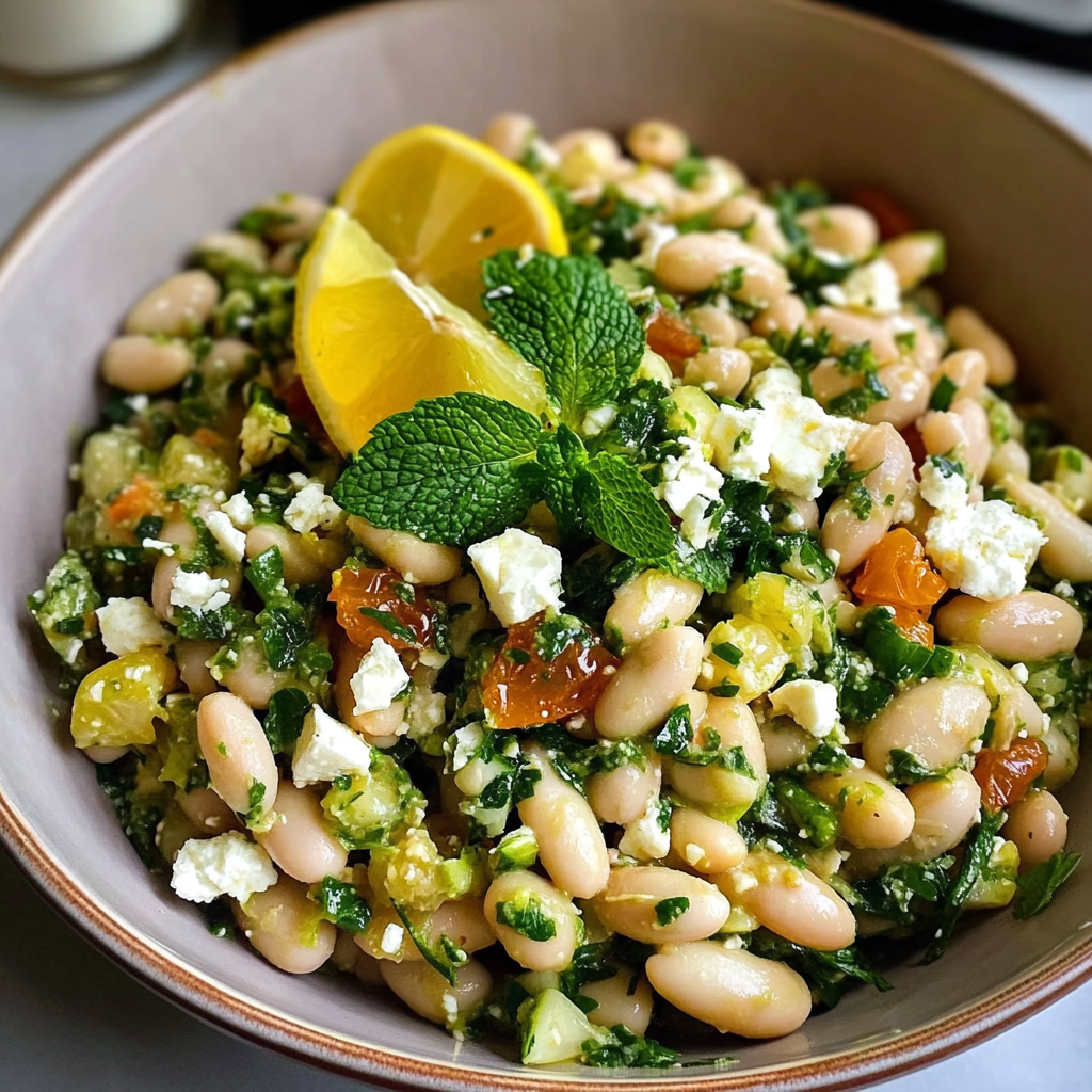 Recipe preparation for Mediterranean White Bean Salad with Feta & Preserved Lemon