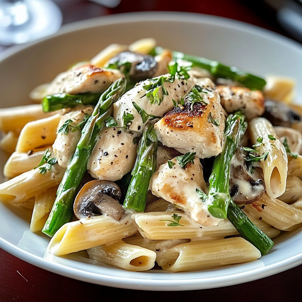 Recipe preparation for Mushroom Asparagus Chicken Penne