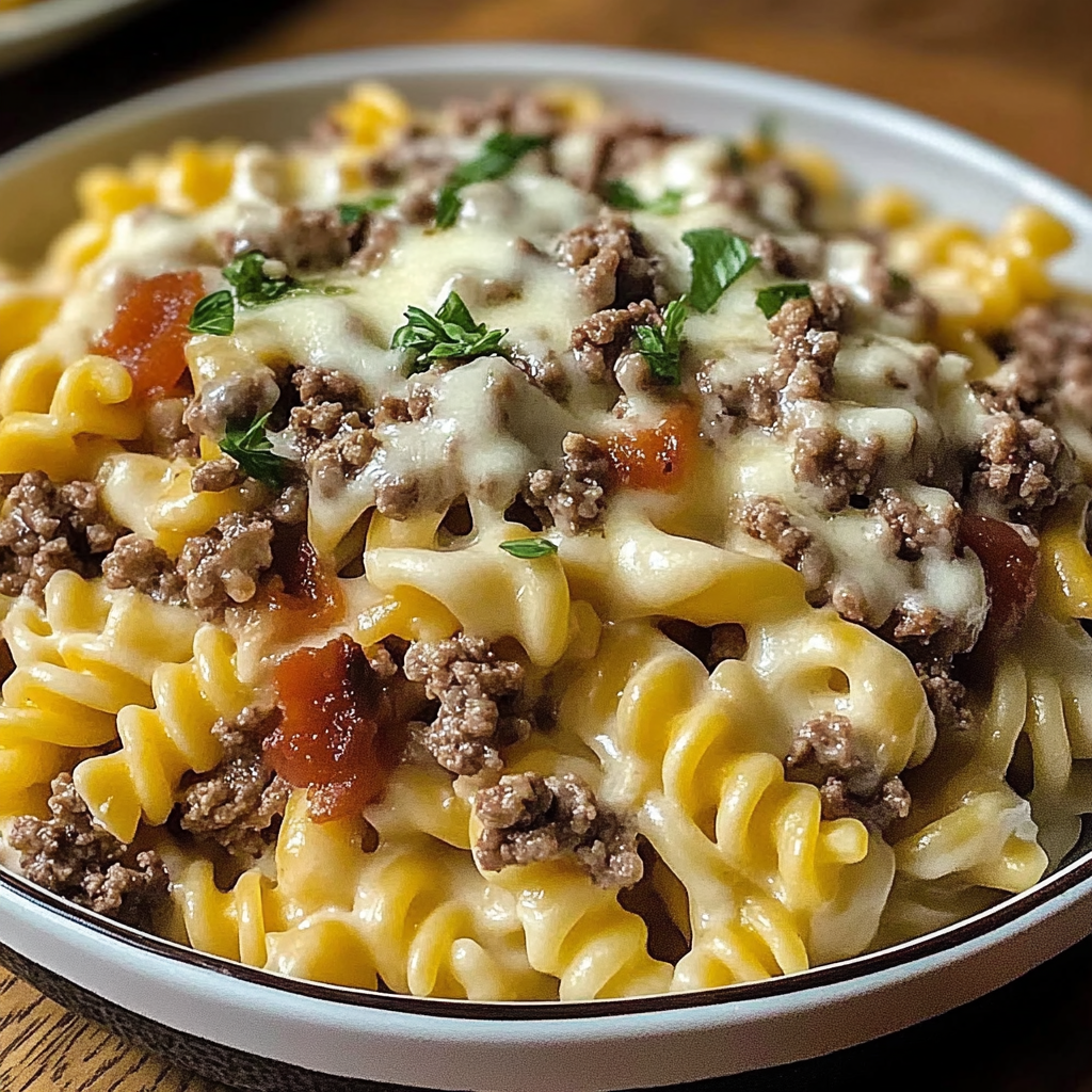 Recipe preparation for Cheeseburger Alfredo Pasta