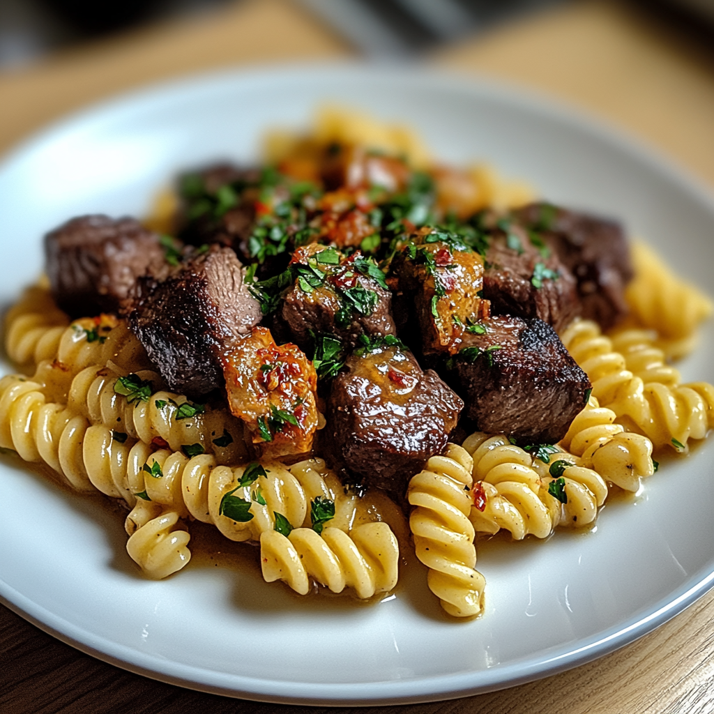 Recipe preparation for Garlic Butter Steak Cajun Pasta