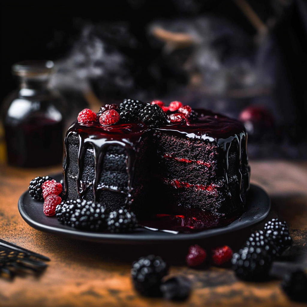 Recipe preparation for Spooky Black Velvet Halloween Cake